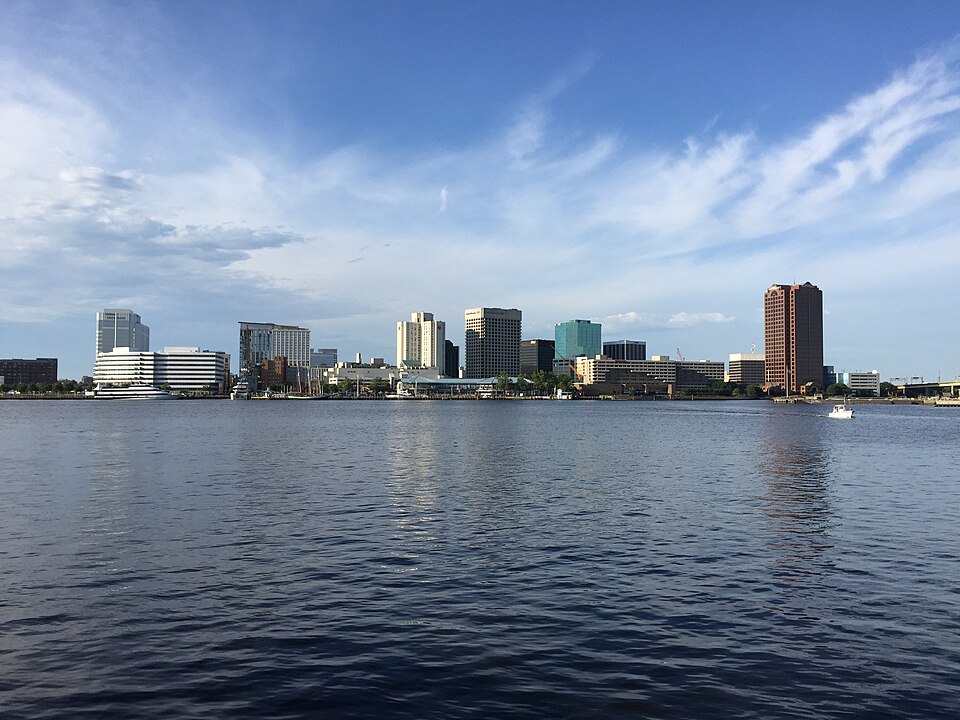 Norfolk Virginia downtown skyline viewed from the Elizabeth River waterfront, 2016